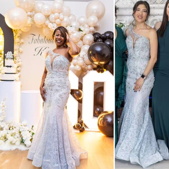 Mac Duggal 79264 Size 6 Light Blue Embroidered Feathered Trumpet Maxi Gown Dress - Picture 6 of 9